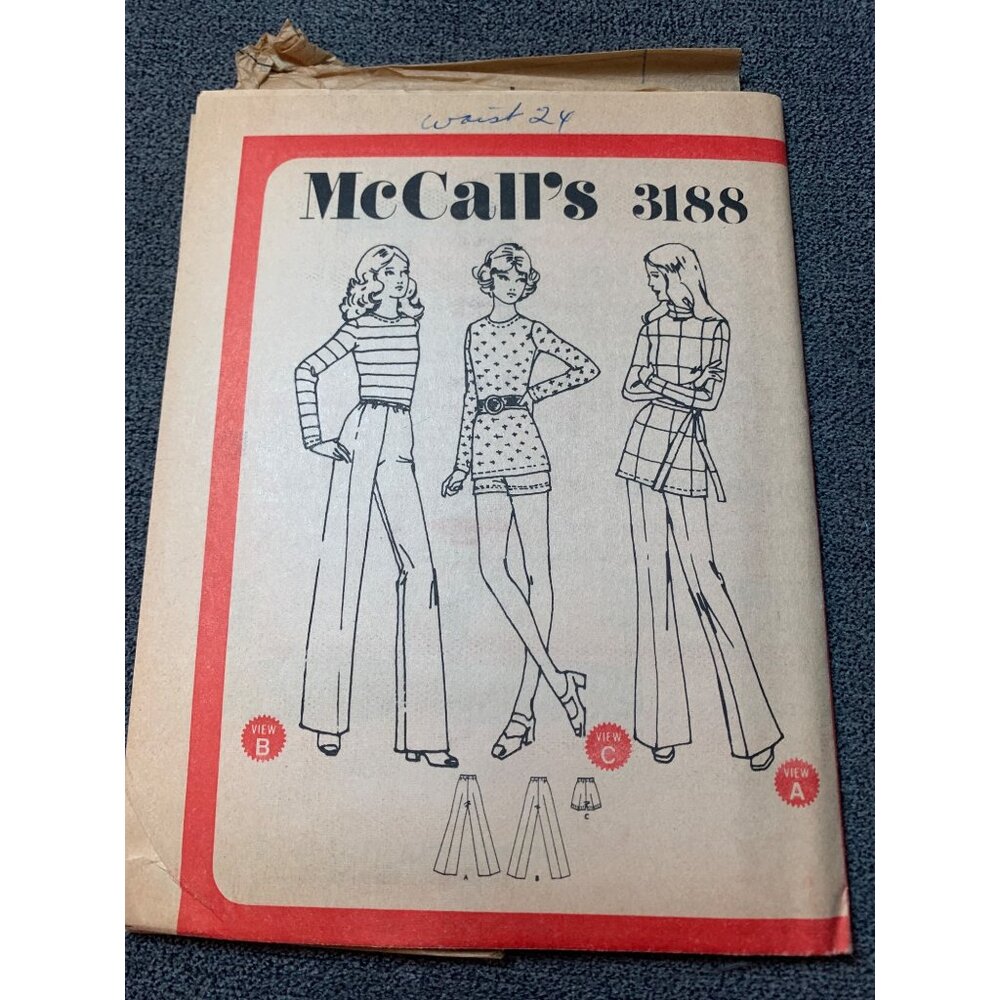 Vintage McCalls 3188 Sewing Pattern Womens Pants Size 24 Waist uncut 70s